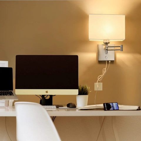 9.5 Inch Wall Lamp With USB Port And Dimmer, Plug In Cord Sconce With White Fabric Shade above desk setup