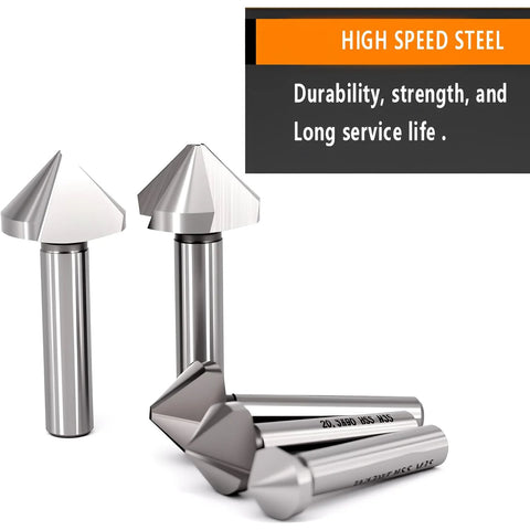 Front view: six-piece countersink drill bit set for steel, 3-flute HSS chamfer bits (1/4 in, 1/2 in).