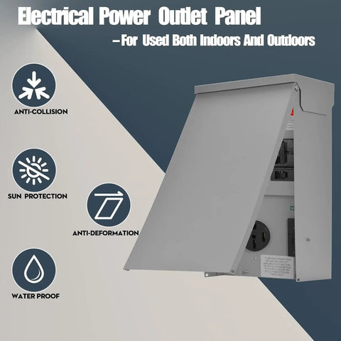 Road Ready Weatherproof Temporary Power Panel With 50 Amp Breaker And 20 Amp GFCI Receptacle designed for RV camper hookups, showcasing its sturdy grey exterior.
