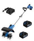 Cordless Garden Tiller 20V No Cord Hassle with 8.6 inch cultivator head, two 4.0Ah batteries, fast charger visible