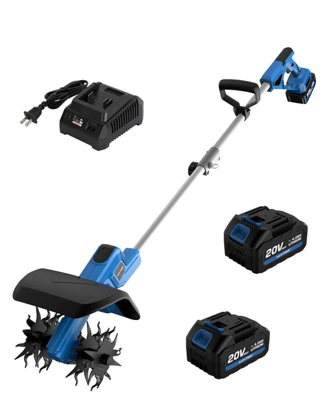 Cordless Garden Tiller 20V No Cord Hassle with 8.6 inch cultivator head, two 4.0Ah batteries, fast charger visible