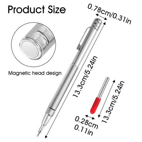Built Like A Tank Tungsten Carbide Scriber Set With Extra Replacement Tips Heavy Duty Engraving Pen with magnetic head design and dimensions.