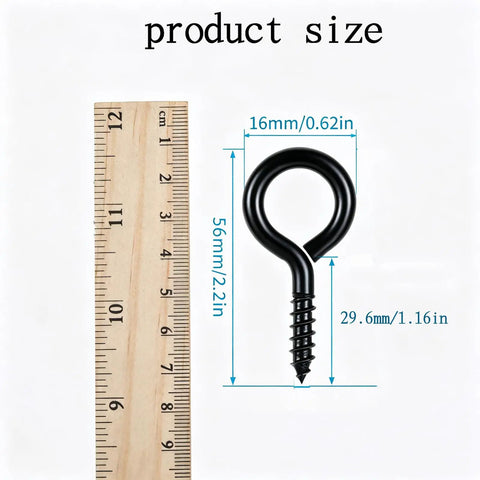 10 Pack Tough As Nails M6 Eye Screws 2.2 Inch Black Heavy Duty Carbon Steel Self Tapping Screw Eye Hooks with size measurements.