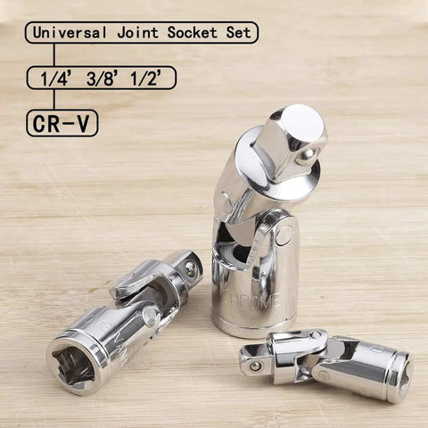 Three Piece Universal Joint Socket Set With Chrome Vanadium Steel Swivel Adapters for 1/4, 3/8, 1/2 inch drives on wood surface.
