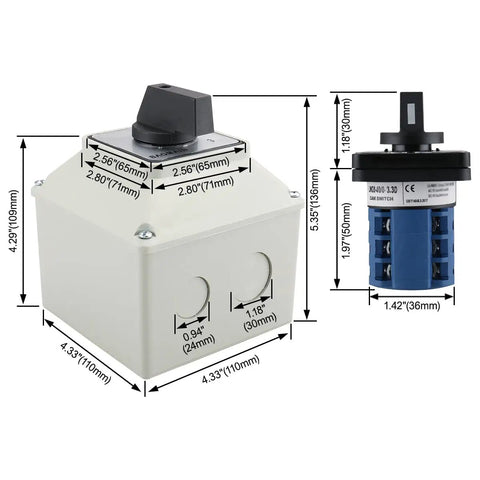 Rugged Rotary Cam Changeover Switch With Exterior Box 40A 12 Terminals 2 Pole Four Positions 0 1 2 3 Latching IP65 Waterproof dimensions