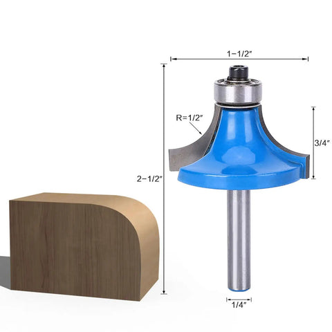 Hot Coated 1/4 Inch Shank Round Over Router Bit For Woodworking Pro Vibe Smooth Trimming On Plywood, Particle Board And MDF Cutting Tools with dimensions and wood block.