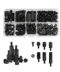 Hex Column Spacer Screw Kit M3 Nylon Pillar Standoff Nuts for Motherboard Assembly, 540 to 720 Pieces, DIY Friendly Kit Includes Male and Female Nuts, Durable Spacing Fasteners, Four Sets. black nylon M3 standoffs and nuts in organizer tray