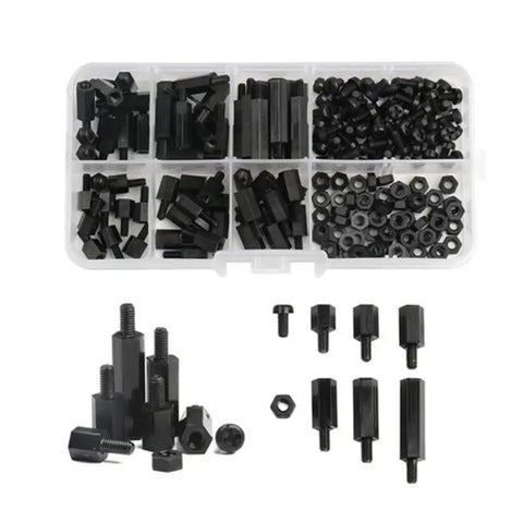 Nylon Standoff Spacer Kit M3 Male To Female Pillars Flat Head Spacers With Screws And Nuts 2 Set in organizer tray