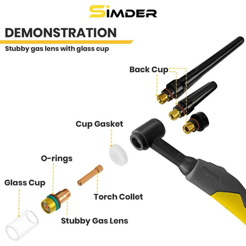55 Piece TIG Welding Torch Accessories Kit With Alumina Nozzles Glass Cup And Stubby Gas Lens For WP 17 18 26 Welders demo