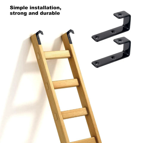 Heavy Duty Bunk Bed Ladder Hooks Keep Kids Beds Rock Solid Durable Black Steel Brackets Fit One Inch Rails Like A Charm For Loft Camper And RV Setup With Mounting Hardware Ready Two Pack on a wooden ladder.
