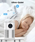 True H13 HEPA Air Filter Replacement For A1 A1W Air Purifier with child sleeping, ultra-quiet operation, shown on a bedside table.