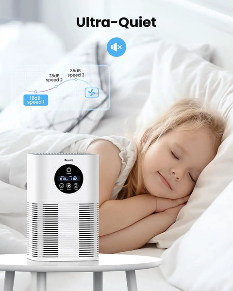 Sleeping child with ultra-quiet air purifier showing noise levels beside bed.