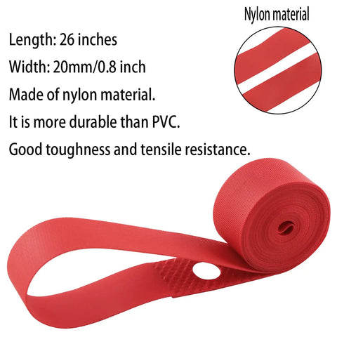 Beefed Up 26 Inch Rim Tape And Strips 20mm Elastic Nylon Red 2 Pack for Road and Mountain Bikes, shown in rolled view