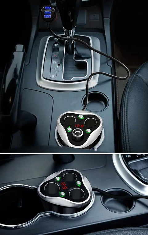 Straight Plug And Play 3 Way Cigarette Lighter Splitter With Triple Usb Car Charger 120W Heavy Duty Fast Charging mounted in car console.