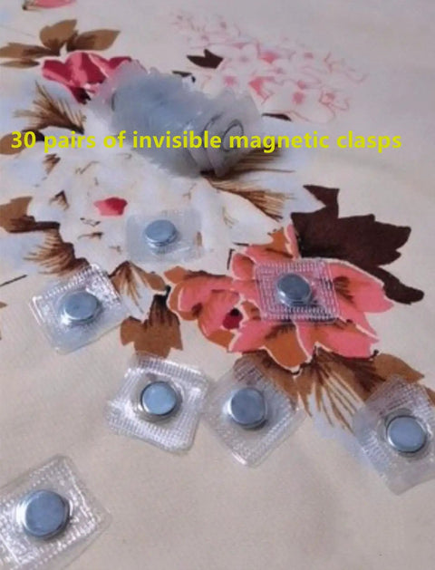 30 Pairs Hideaway Sew In Magnetic Snaps Top Tier Invisible Purse Closures on floral fabric, showing clear magnetic clasps.
