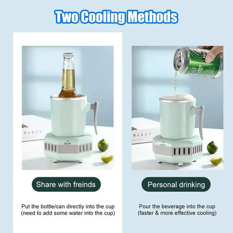 Portable Electric Drink Chiller With Aluminum Mug shows two cooling methods for beverages and a fridge-free experience.