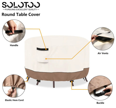 Round Outdoor Table Cover Waterproof Heavy Duty Patio Furniture Cover For 42 Inch Diameter And 28 Inch High Round Tables And Chair Sets Beige And Brown No Fuss All Weather Protection Easy Fit, featuring handles, air vents, elastic hem cord, and buckles.
