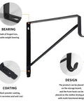 Built Tough Heavy Duty Closet Shelf And Rod Brackets Black Steel Wall Mount Support For Clothes Hanger Poles Premium Metal Storage Solution Go Harder Organization Hack Quick Install Two Pack showing black forged iron brackets with hooks.