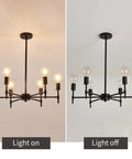 Six Light Sputnik Ceiling Fixture In Matte Black Industrial Farmhouse Vibe Modern Semi Flush Mount Pendant Light, light on and off view
