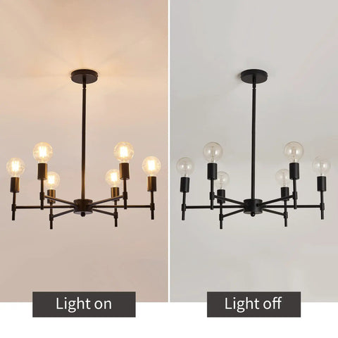 Six Light Sputnik Ceiling Fixture In Matte Black Industrial Farmhouse Vibe Modern Semi Flush Mount Pendant Light, light on and off view
