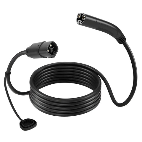 No Sweat Tesla Nacs Extension Cord 48 Amp 21 Foot Heavy Duty Ev Charger Cable with plugs showing for Level 1 2 charging.