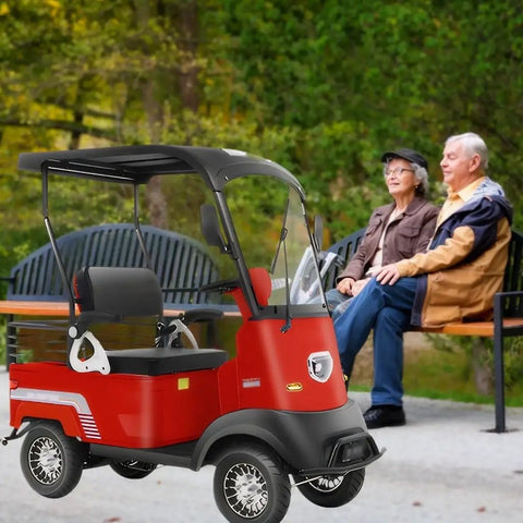 Electric Mobility Scooter For Adults Packing 800W Brushless Power And 12Mph City Speed with large cargo trunk near parked couple.