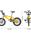 Side and front view of yellow mini bike, part of 12 Pack Mini Finger BMX Bikes For Kids And Adults, Reconfigurable Tiny Bicycle Toys