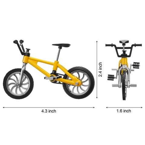 Side and front view of yellow mini bike, part of 12 Pack Mini Finger BMX Bikes For Kids And Adults, Reconfigurable Tiny Bicycle Toys