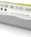 Silicone Sink Splash Guard with Non Slip Suction Base for Kitchen Island and Bathroom Dishwasher Safe Gray in packaging box.
