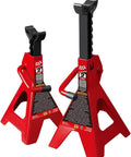 Red two jack stands from 2 Ton Hydraulic Floor Jack With Two Jack Stands, Heavy Duty Steel Lift Set For Cars, Trolley Style Jack, Pro Grade Garage Lifting Tool For Everyday Maintenance.