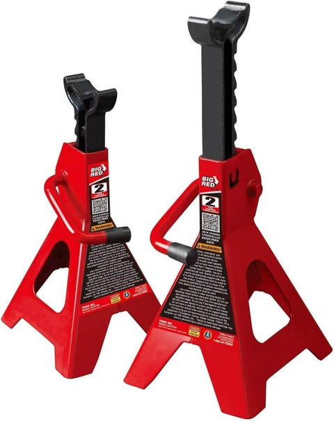 Red two jack stands from 2 Ton Hydraulic Floor Jack With Two Jack Stands, Heavy Duty Steel Lift Set For Cars, Trolley Style Jack, Pro Grade Garage Lifting Tool For Everyday Maintenance.