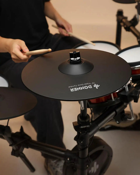 Drummer playing 13 Inch Triple Zone Electronic Cymbal Crash Ride With Instant Mute Choke for Digital Drums and Electric Kit.