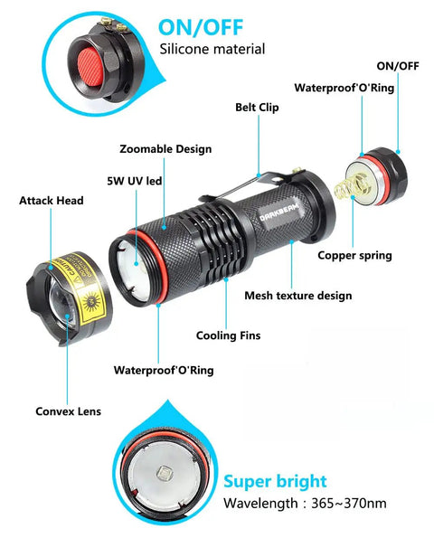 365 Nanometer UV Wood's Lamp Blacklight Flashlight Portable Handy Pocket Size Torch For Detecting Pet Stains And Dog Urine, Fluorescent Security Codes And Resin Curing, Anti Counterfeit Verification