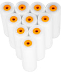 Pack Of 10 Premium Sponge Paint Roller Covers Featuring Ultra Low Lint Texture Rollers, soft white with orange ends.