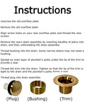 Image instructions for installing Effortless Bathtub Drain Kit With Brushed Gold Two Hole Overflow Faceplate Universal Fit Brass Stopper Threaded Drain Assembly No Fuss Easy Tap Operation And Durable Bath Trim Set For Quick Replacement, showing plug, bushing, and trim parts.