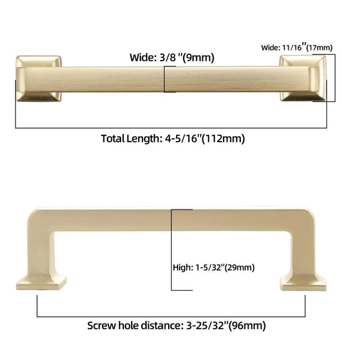 Brushed Gold Cabinet Pulls 3-3/4 Inch Hole Center showing dimensions for modern furniture hardware