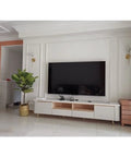 Living room with TV cabinet; potential fit for Premium Pure Copper Coffee Table Legs Set With Adjustable Gold Oblique Cone Feet