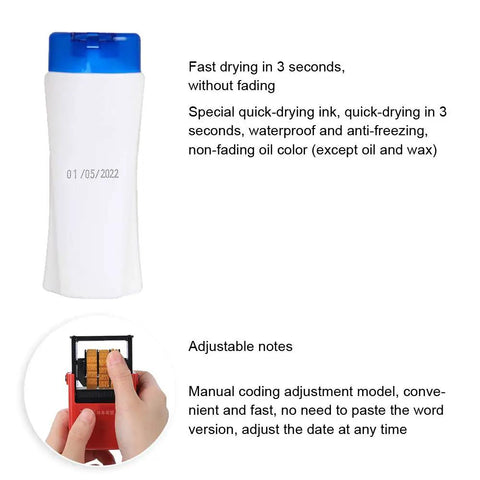 High Efficiency Adjustable Date Coding Machine For Food Plastic Bags with blue lid and quick-drying ink, ideal for labeling.