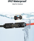 All-In-One 7-In-1 Solar Panel Connector Kit with DC Adapters showing waterproof feature in water