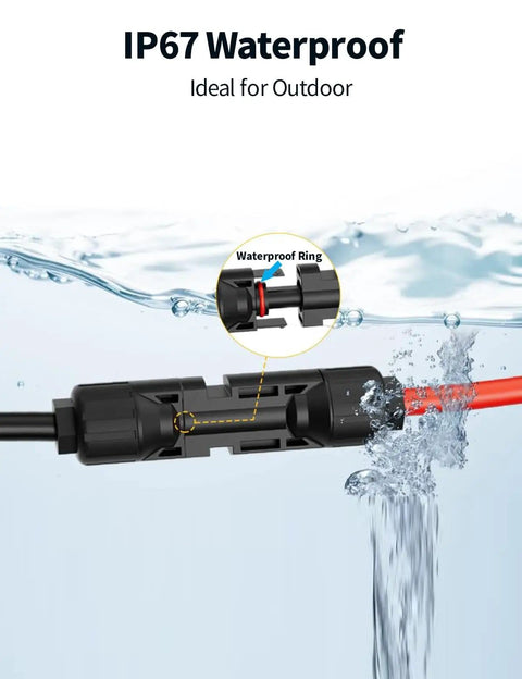 All-In-One 7-In-1 Solar Panel Connector Kit with DC Adapters showing waterproof feature in water
