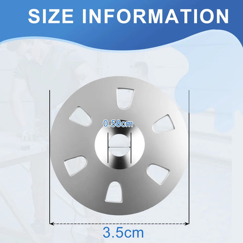 Round stainless steel flat washer with five edge slots; 3.5 cm outer diameter, 0.58 cm inner bore