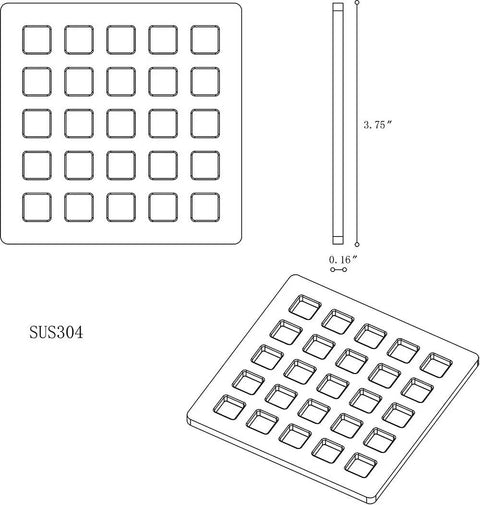 Diagram of Three And Three Quarters Inch Square Shower Drain Grate Matte Black Stainless Steel Hair Catcher Drain Strainer, SUS304