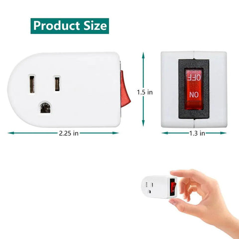 Grounded Wall Tap Outlet Adapter 4 Pack With Red Indicator On Off Switch ETL Listed, dimensions shown, held in hand