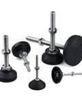 Rock Solid Adjustable Leveling Feet Set Of 4 With Swivel Base And Rust Resistant Threaded Pads For Heavy Equipment Support Quick Height Tweaks On Uneven Ground, featuring multiple angles of threaded feet with rubber pads.