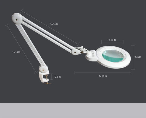XL Bifocals 1200 Lumens LED Magnifying Lamp With Clamp, 3 Light Modes, Adjustable Color Temperature, dimensions shown