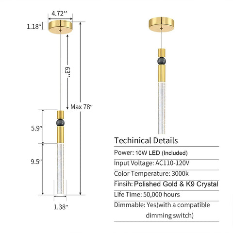 Mini Crystal Pendant Light With Dimmable LED Bulb For Kitchen Island And Bathroom Black Gold Finish Featuring Bubble Crystal Cylinder And Sleek Modern Low Profile Design For Dope Ambient Lighting