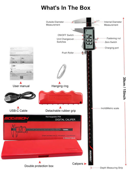 What's in the box of Dope Digital Caliper 12 Inch With Ultra Precision 0.001 Inch Accuracy, Rechargeable USB C Caliper, IP54 Stainless Steel