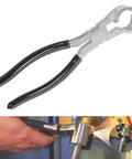 Washer Hose Plier For No Sweat Grip And Tight Seal On Washing Machine Inlet Hoses Universal Fit For Front Load And Top Load Washers With Indented Water Valves And Hard To Reach Hose Connections. Steel plier with black handles shown loosening hose fitting.