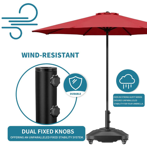 Beefed Up Heavy Duty Outdoor Umbrella Base With Five Wheels, Fillable To 100 Lbs, Mobile Patio Deck Poolside Stand with dual knobs