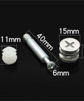 Heavy Duty 50 Piece 3 In 1 Cam Lock Furniture Hardware Kit With Thick Cam Screws Plus Eccentric Nuts displaying cam screws and nuts
